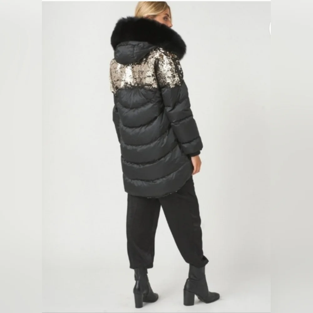 Gorski Coat Women's Medium M Apres Ski Coat Sequins High Low Puffer Winter NEW - Picture 2 of 16